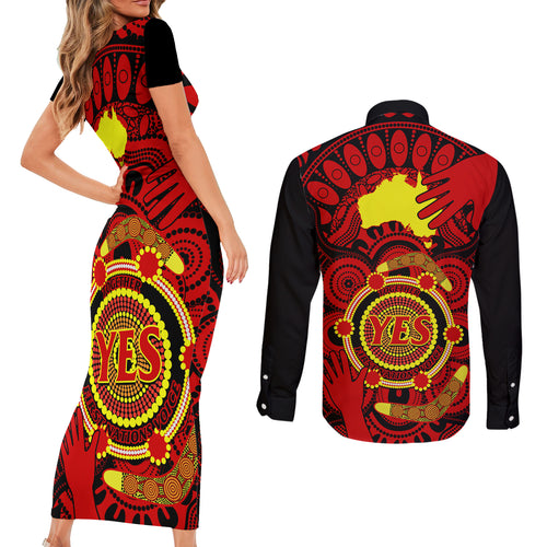 australia-walk-for-yes-couples-matching-short-sleeve-bodycon-dress-and-long-sleeve-button-shirts-say-yes-to-australian-indigenous-voice