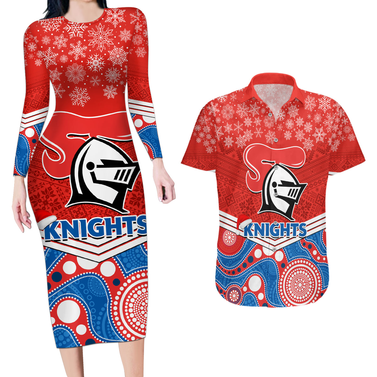 custom-knights-rugby-christmas-couples-matching-long-sleeve-bodycon-dress-and-hawaiian-shirt-merry-xmas-2023-mix-aboriginal-art