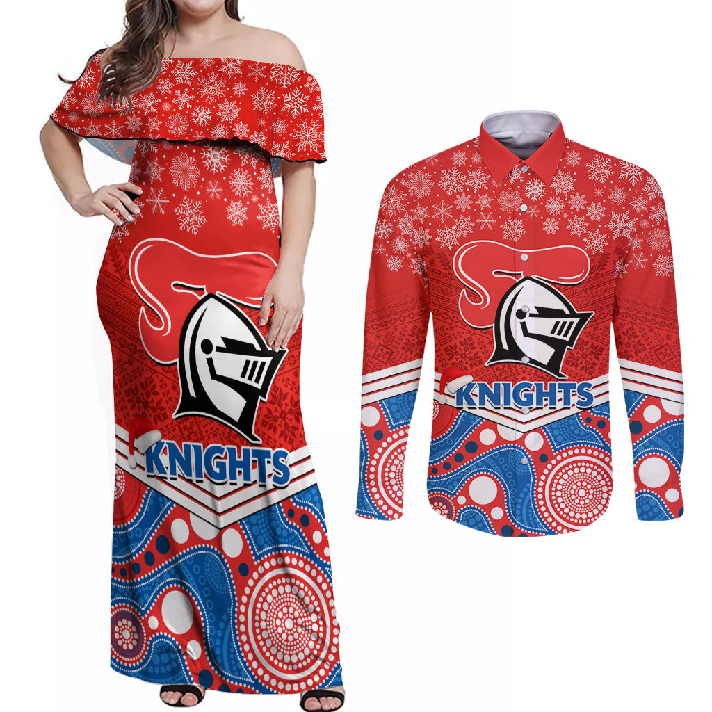 custom-knights-rugby-christmas-couples-matching-off-shoulder-maxi-dress-and-long-sleeve-button-shirt-merry-xmas-2023-mix-aboriginal-art