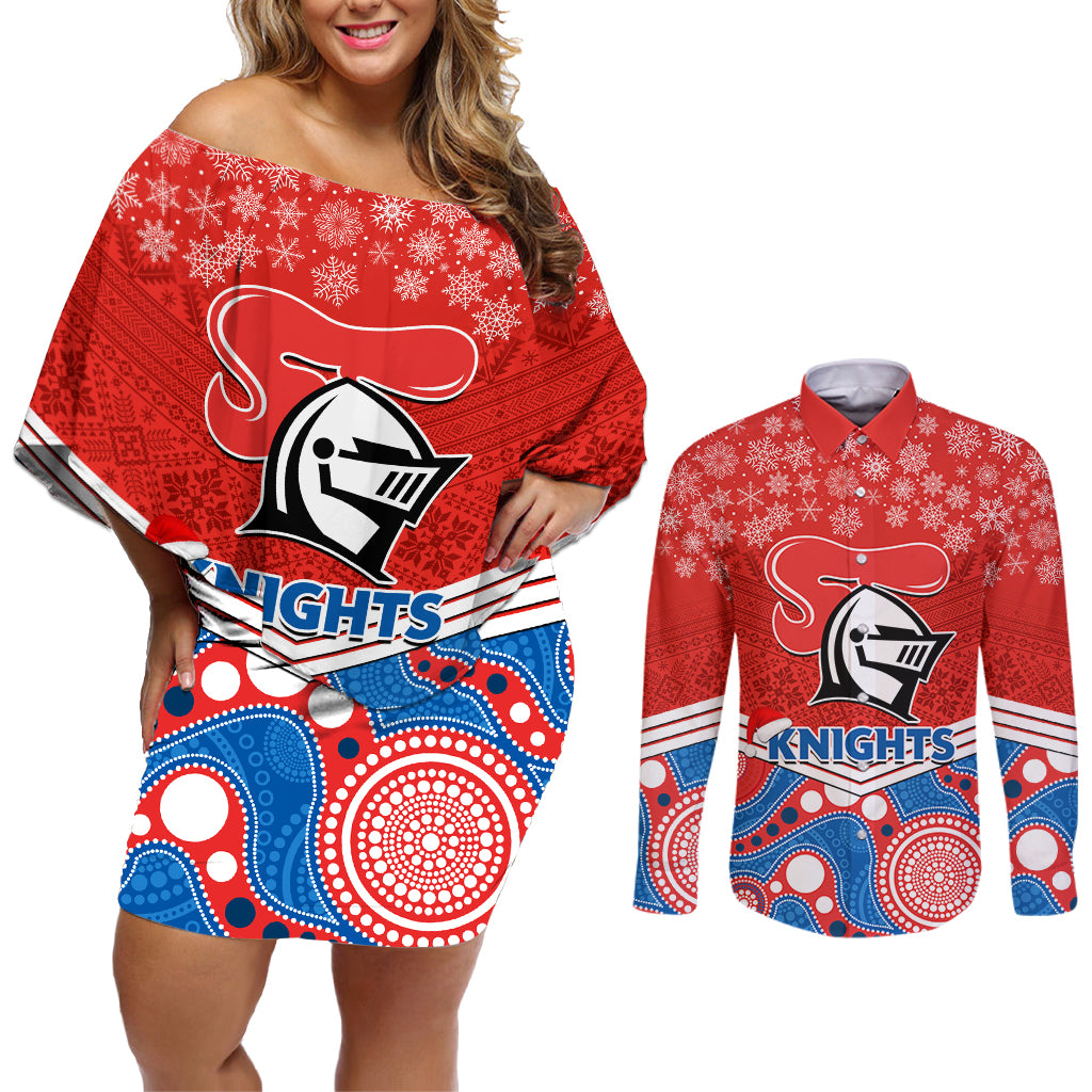 custom-knights-rugby-christmas-couples-matching-off-shoulder-short-dress-and-long-sleeve-button-shirt-merry-xmas-2023-mix-aboriginal-art