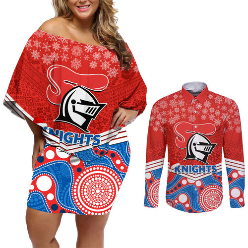 custom-knights-rugby-christmas-couples-matching-off-shoulder-short-dress-and-long-sleeve-button-shirt-merry-xmas-2023-mix-aboriginal-art