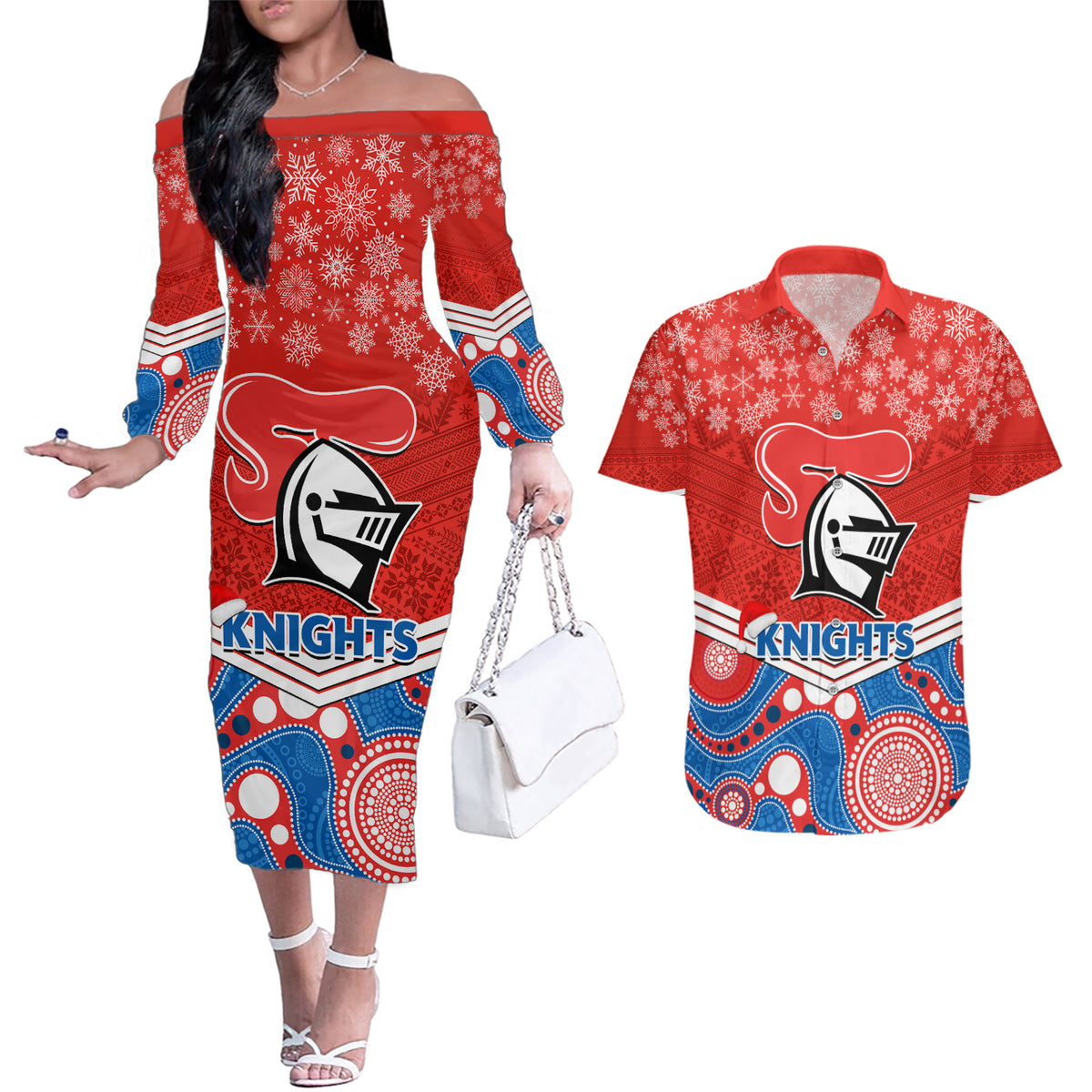 custom-knights-rugby-christmas-couples-matching-off-the-shoulder-long-sleeve-dress-and-hawaiian-shirt-merry-xmas-2023-mix-aboriginal-art