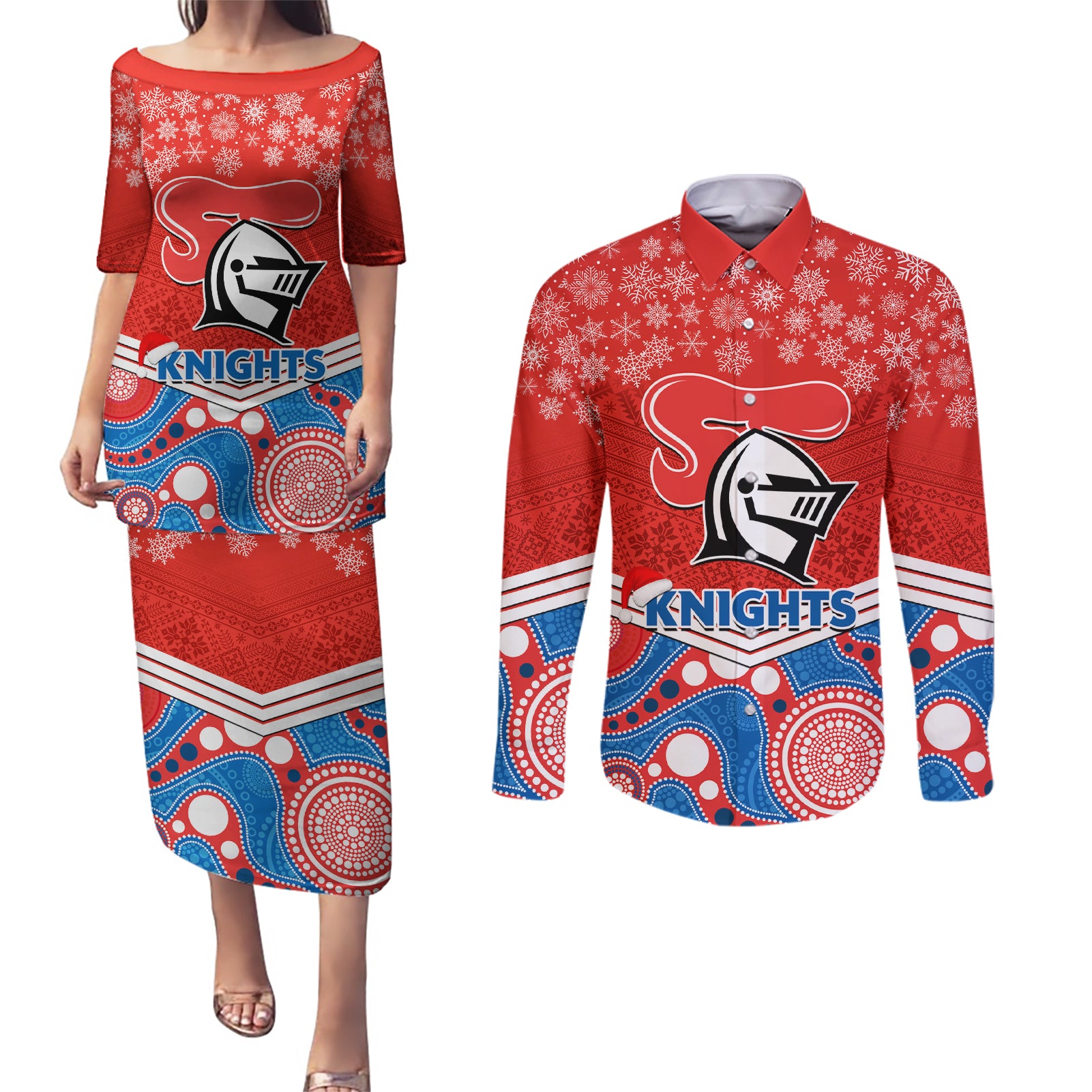 custom-knights-rugby-christmas-couples-matching-puletasi-dress-and-long-sleeve-button-shirt-merry-xmas-2023-mix-aboriginal-art