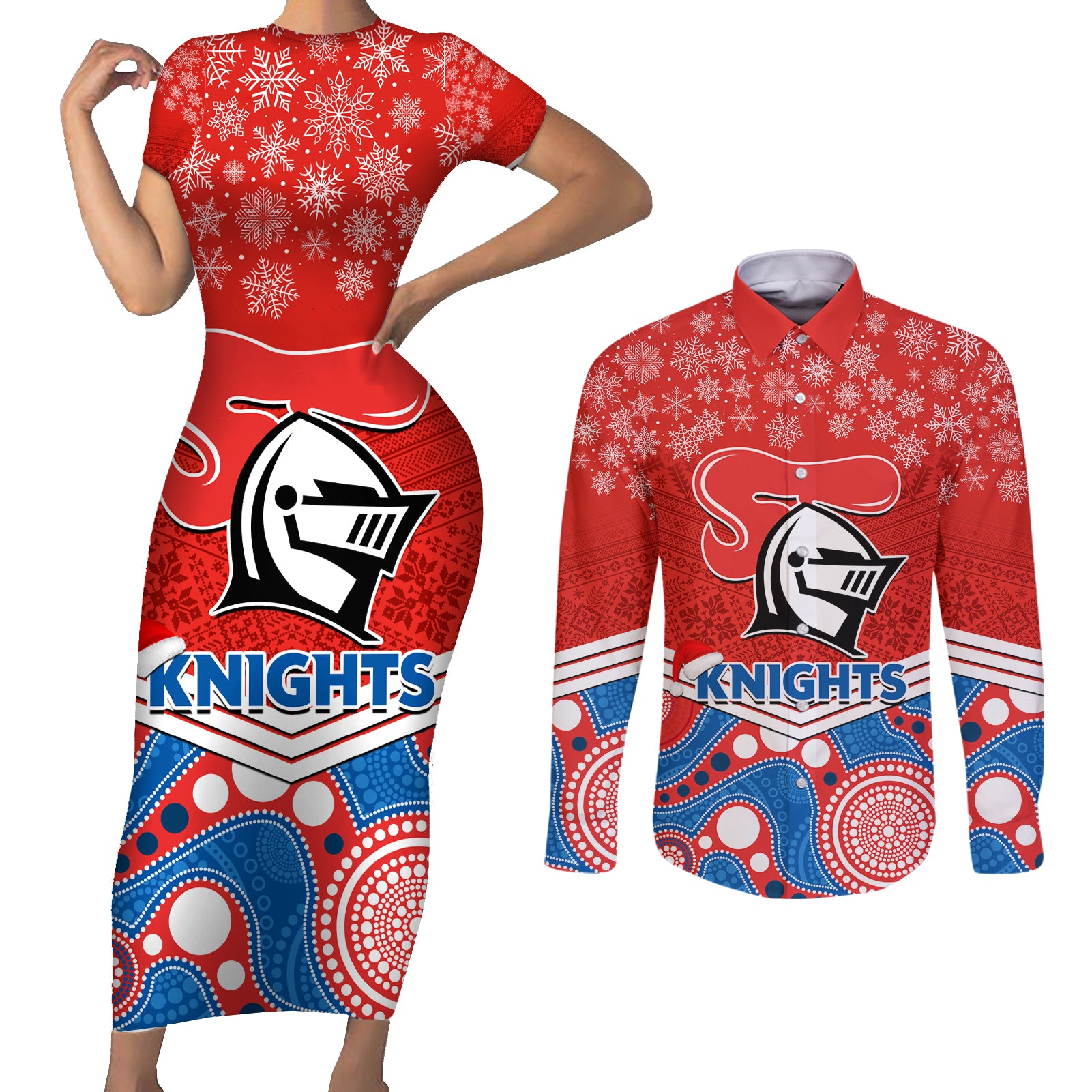 custom-knights-rugby-christmas-couples-matching-short-sleeve-bodycon-dress-and-long-sleeve-button-shirt-merry-xmas-2023-mix-aboriginal-art