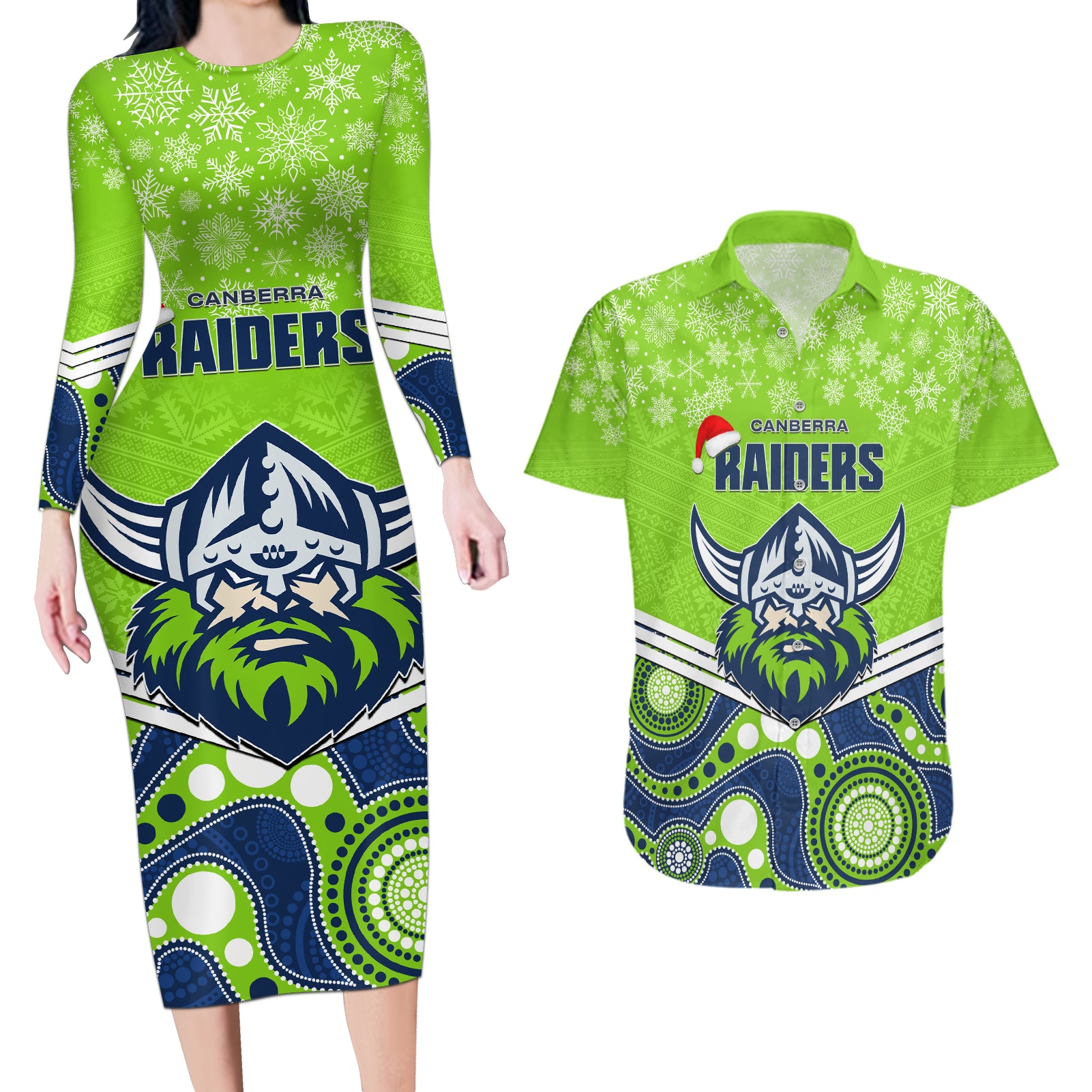 custom-raiders-rugby-christmas-couples-matching-long-sleeve-bodycon-dress-and-hawaiian-shirt-merry-xmas-2023-mix-aboriginal-art