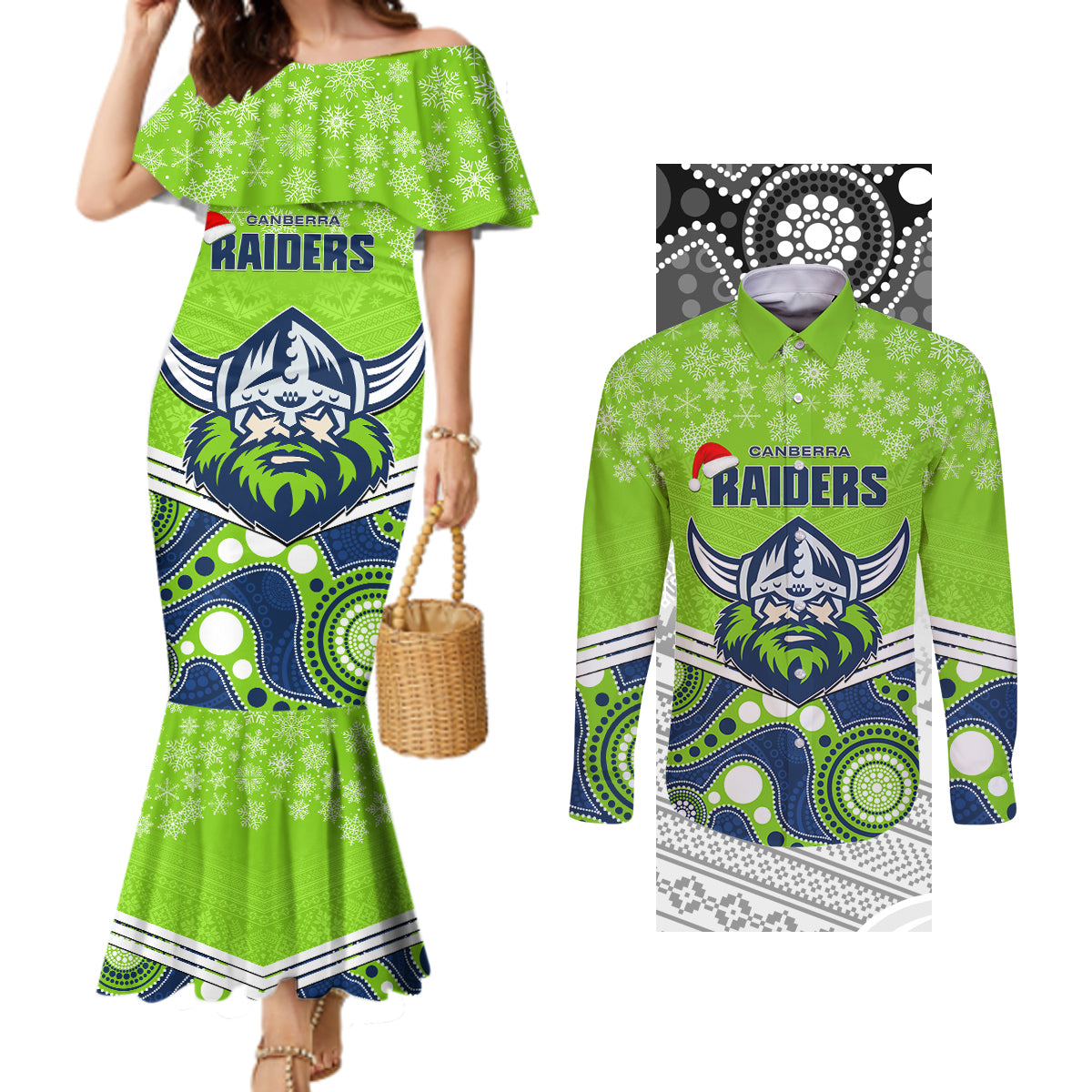 custom-raiders-rugby-christmas-couples-matching-mermaid-dress-and-long-sleeve-button-shirt-merry-xmas-2023-mix-aboriginal-art