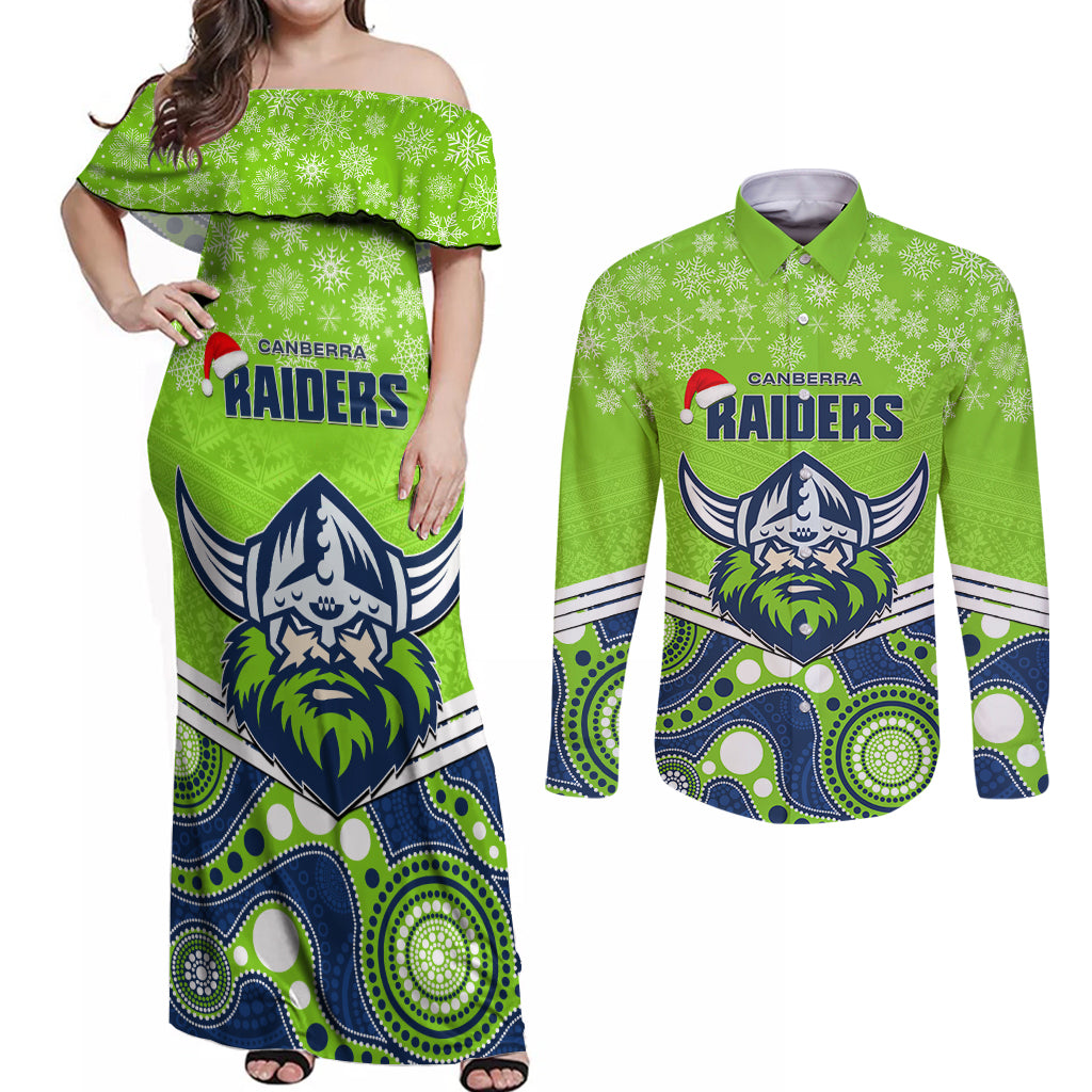 custom-raiders-rugby-christmas-couples-matching-off-shoulder-maxi-dress-and-long-sleeve-button-shirt-merry-xmas-2023-mix-aboriginal-art