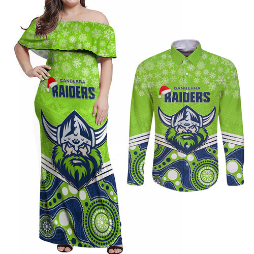 custom-raiders-rugby-christmas-couples-matching-off-shoulder-maxi-dress-and-long-sleeve-button-shirt-merry-xmas-2023-mix-aboriginal-art