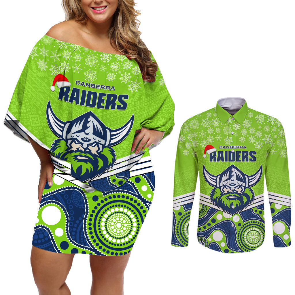 custom-raiders-rugby-christmas-couples-matching-off-shoulder-short-dress-and-long-sleeve-button-shirt-merry-xmas-2023-mix-aboriginal-art