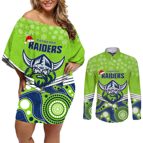 custom-raiders-rugby-christmas-couples-matching-off-shoulder-short-dress-and-long-sleeve-button-shirt-merry-xmas-2023-mix-aboriginal-art