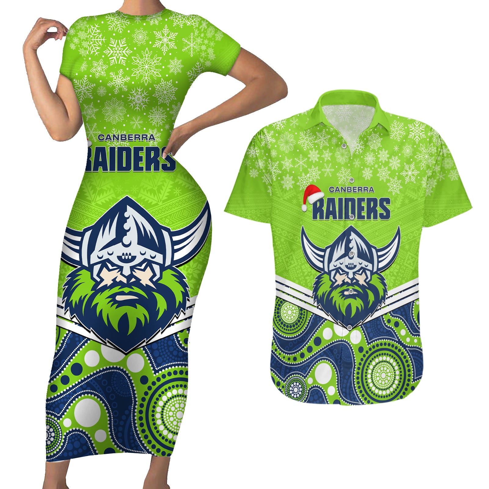 custom-raiders-rugby-christmas-couples-matching-short-sleeve-bodycon-dress-and-hawaiian-shirt-merry-xmas-2023-mix-aboriginal-art