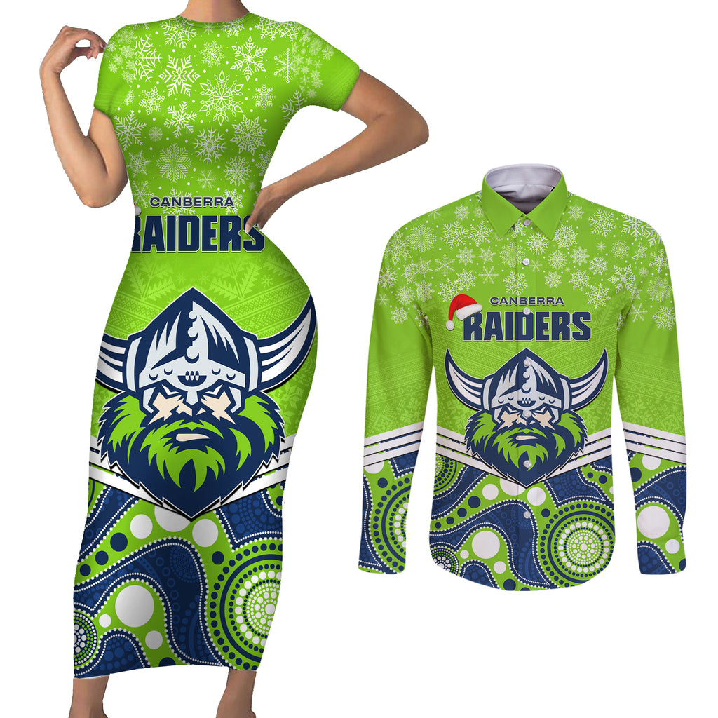 custom-raiders-rugby-christmas-couples-matching-short-sleeve-bodycon-dress-and-long-sleeve-button-shirt-merry-xmas-2023-mix-aboriginal-art