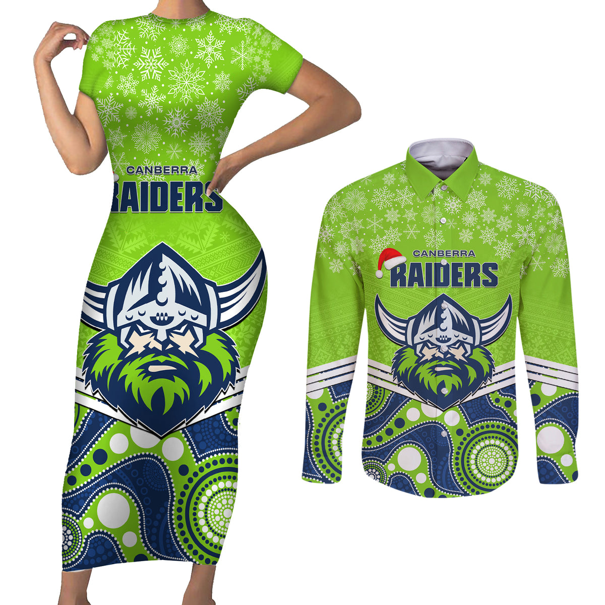 custom-raiders-rugby-christmas-couples-matching-short-sleeve-bodycon-dress-and-long-sleeve-button-shirt-merry-xmas-2023-mix-aboriginal-art