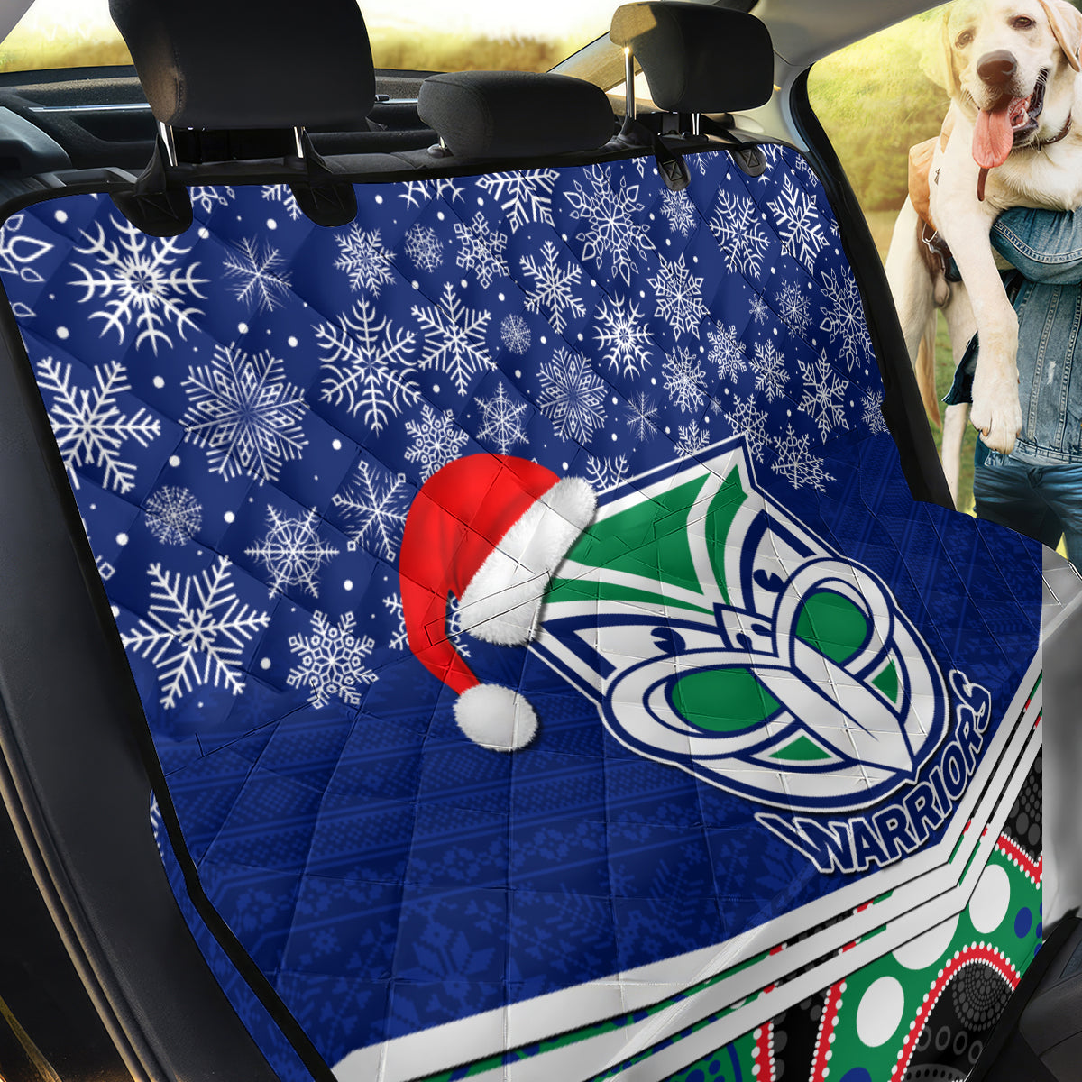 custom-warriors-rugby-christmas-back-car-seat-cover-merry-xmas-2023-mix-aboriginal-art