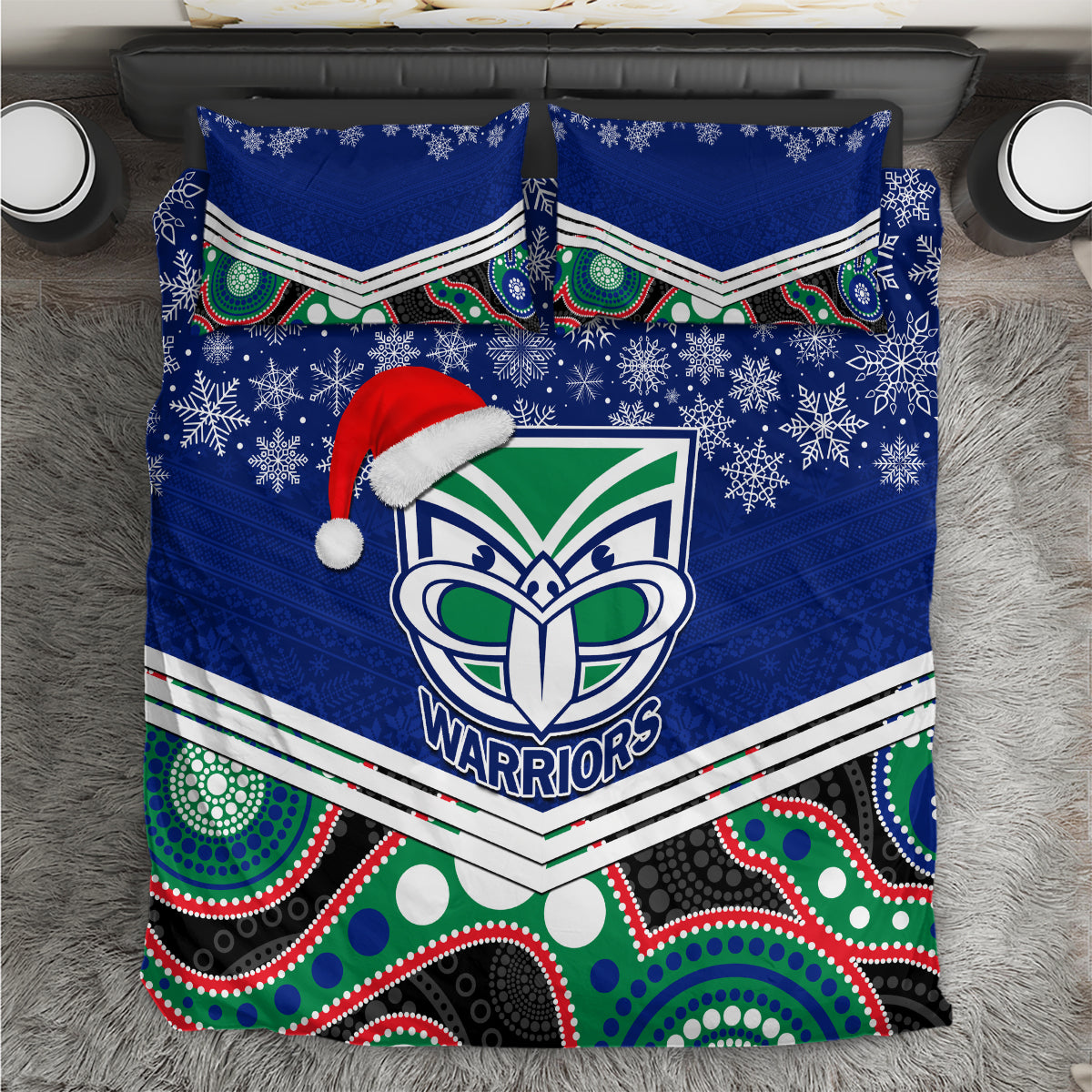 custom-warriors-rugby-christmas-bedding-set-merry-xmas-2023-mix-aboriginal-art