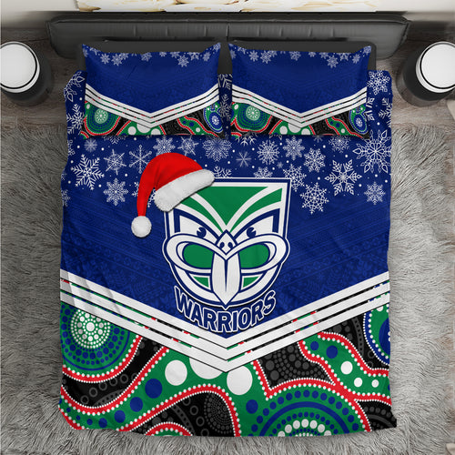 custom-warriors-rugby-christmas-bedding-set-merry-xmas-2023-mix-aboriginal-art