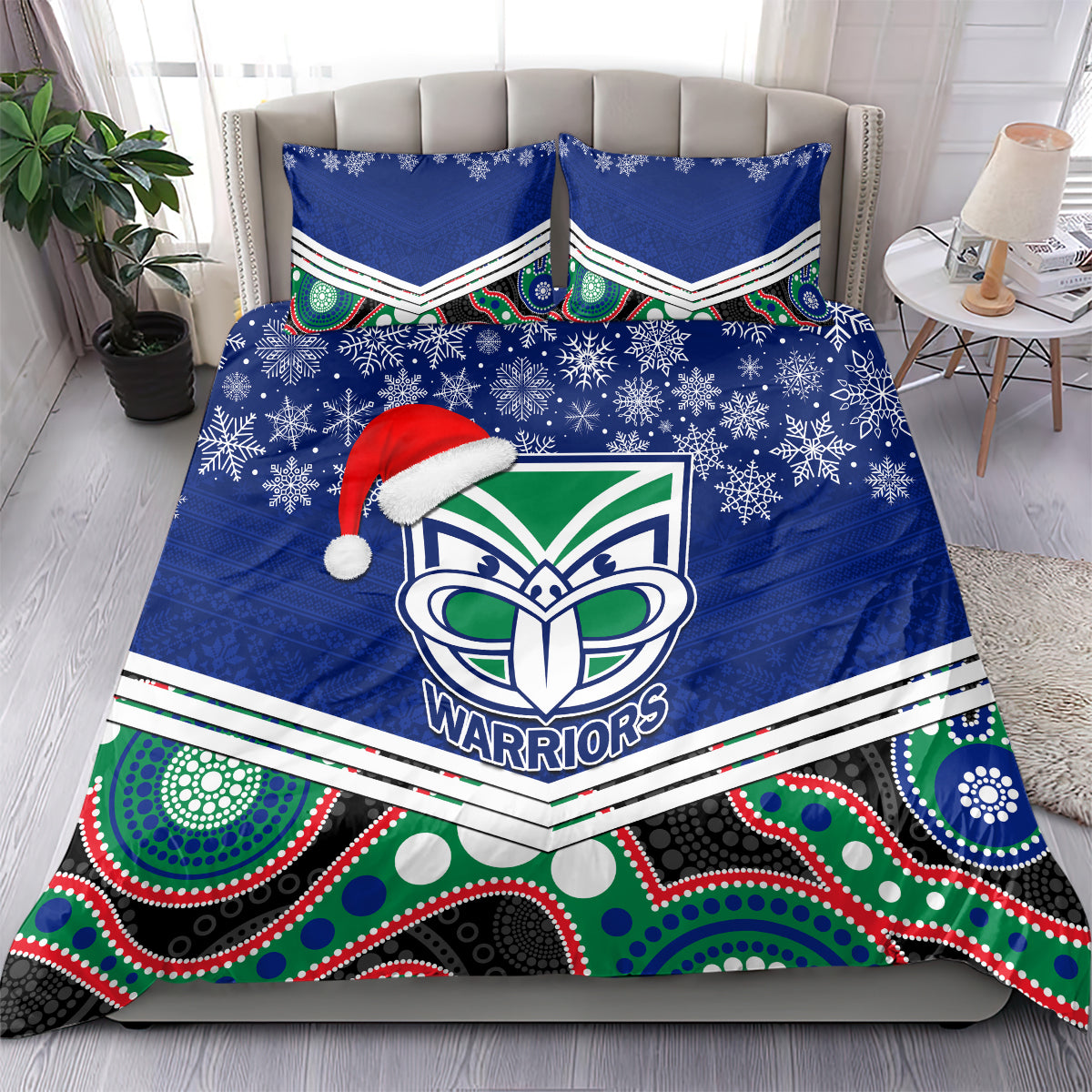 custom-warriors-rugby-christmas-bedding-set-merry-xmas-2023-mix-aboriginal-art