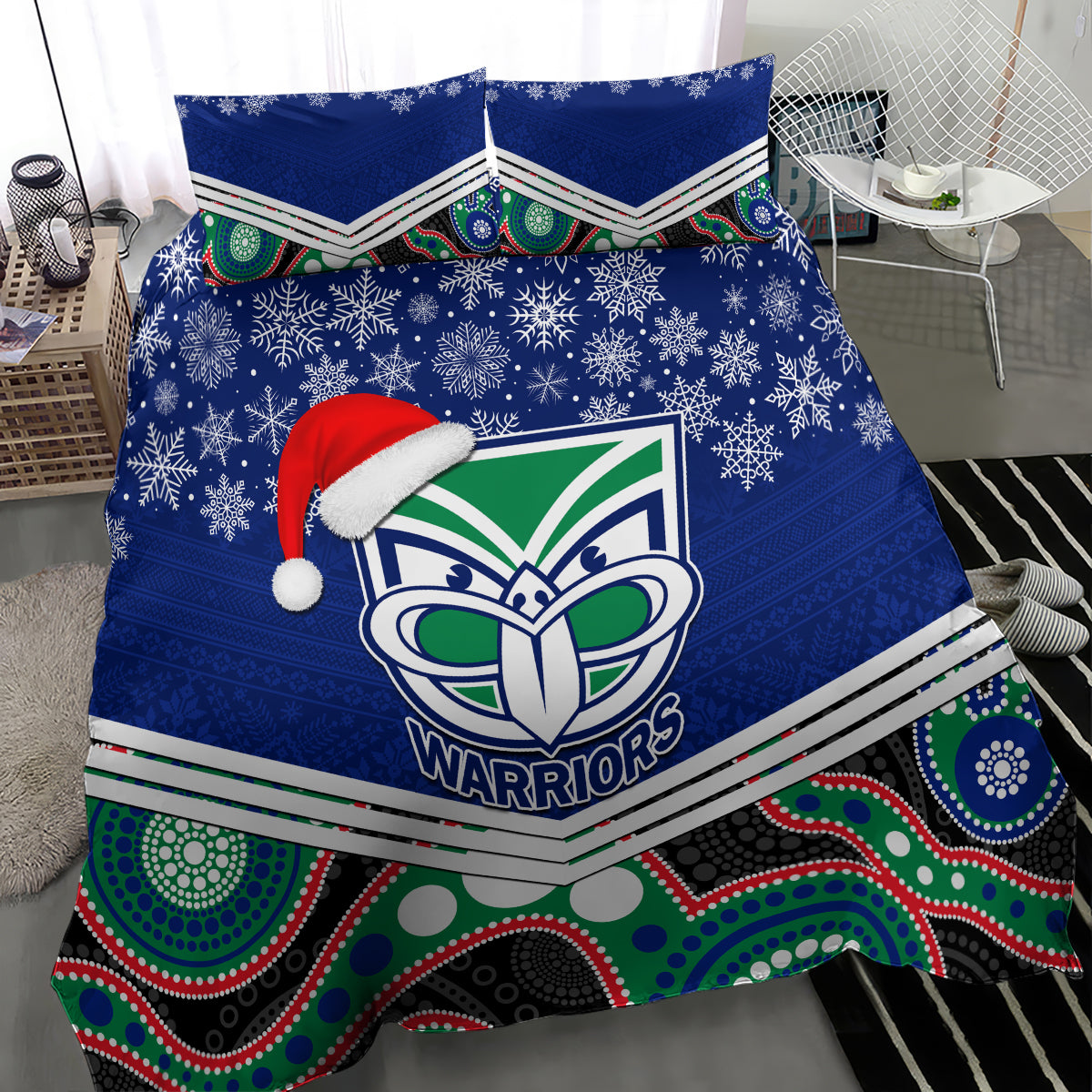 custom-warriors-rugby-christmas-bedding-set-merry-xmas-2023-mix-aboriginal-art