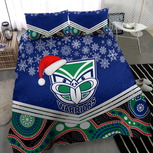 custom-warriors-rugby-christmas-bedding-set-merry-xmas-2023-mix-aboriginal-art