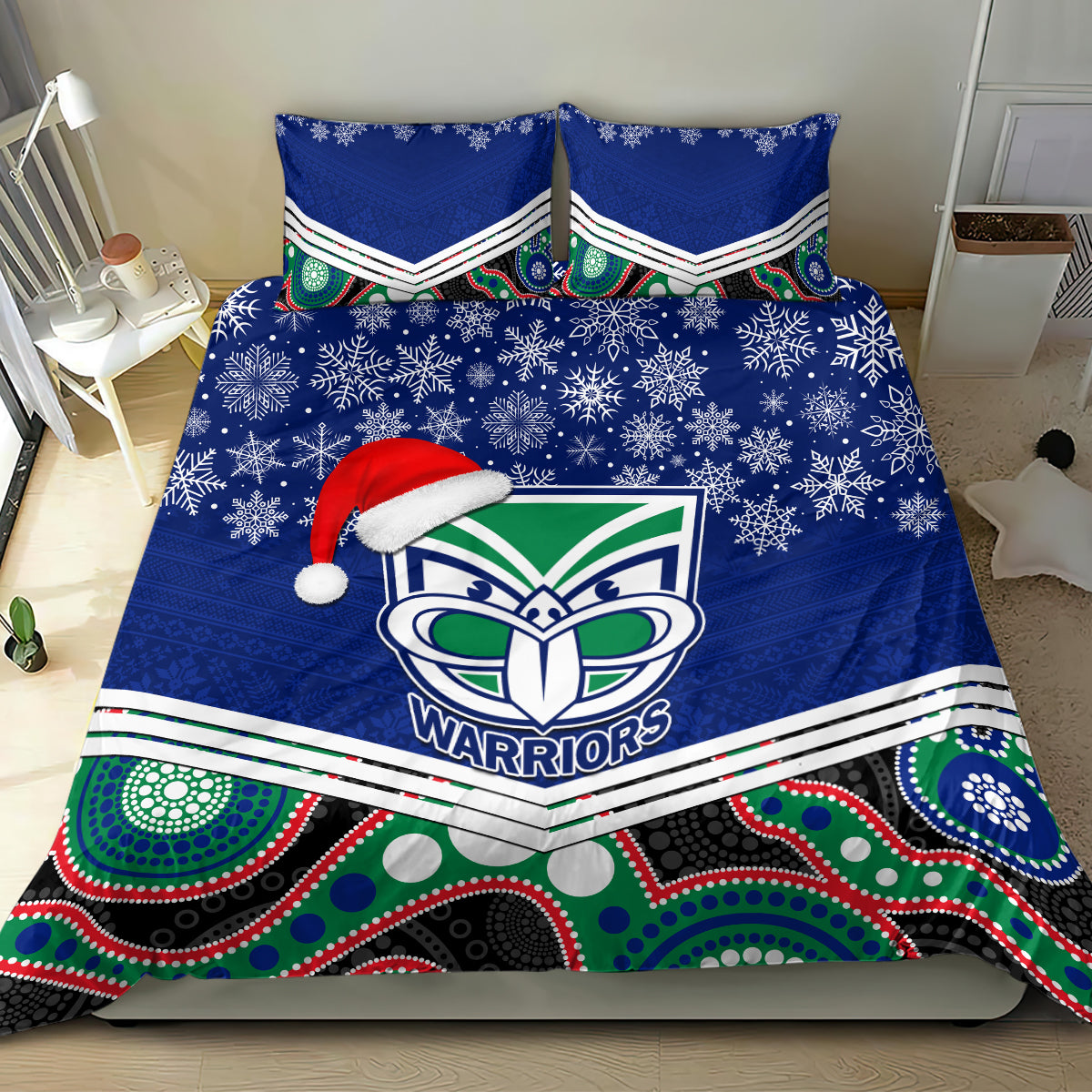 custom-warriors-rugby-christmas-bedding-set-merry-xmas-2023-mix-aboriginal-art