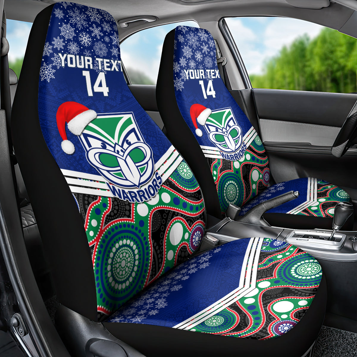 custom-warriors-rugby-christmas-car-seat-cover-merry-xmas-2023-mix-aboriginal-art