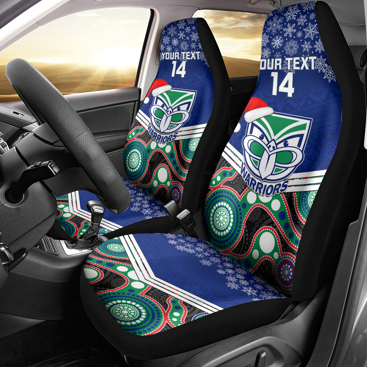 custom-warriors-rugby-christmas-car-seat-cover-merry-xmas-2023-mix-aboriginal-art