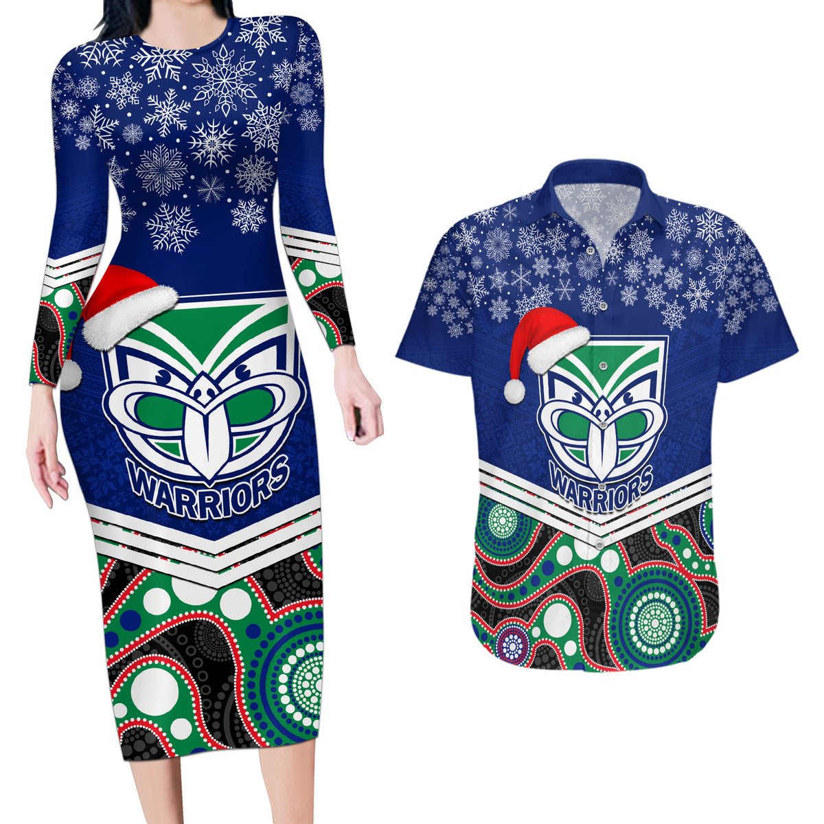 custom-warriors-rugby-christmas-couples-matching-long-sleeve-bodycon-dress-and-hawaiian-shirt-merry-xmas-2023-mix-aboriginal-art