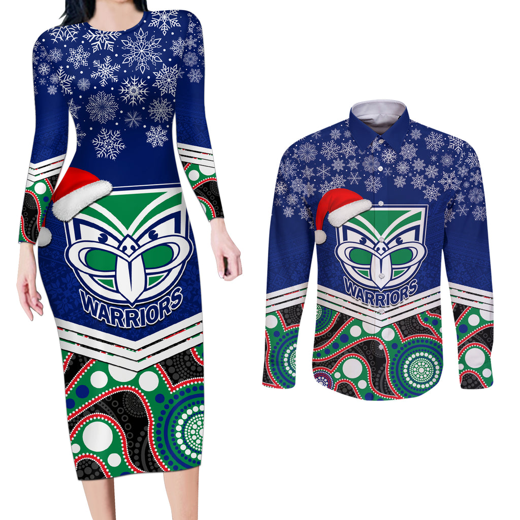 custom-warriors-rugby-christmas-couples-matching-long-sleeve-bodycon-dress-and-long-sleeve-button-shirt-merry-xmas-2023-mix-aboriginal-art