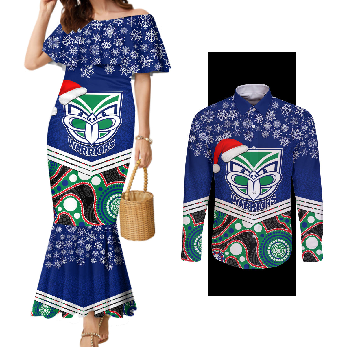 custom-warriors-rugby-christmas-couples-matching-mermaid-dress-and-long-sleeve-button-shirt-merry-xmas-2023-mix-aboriginal-art