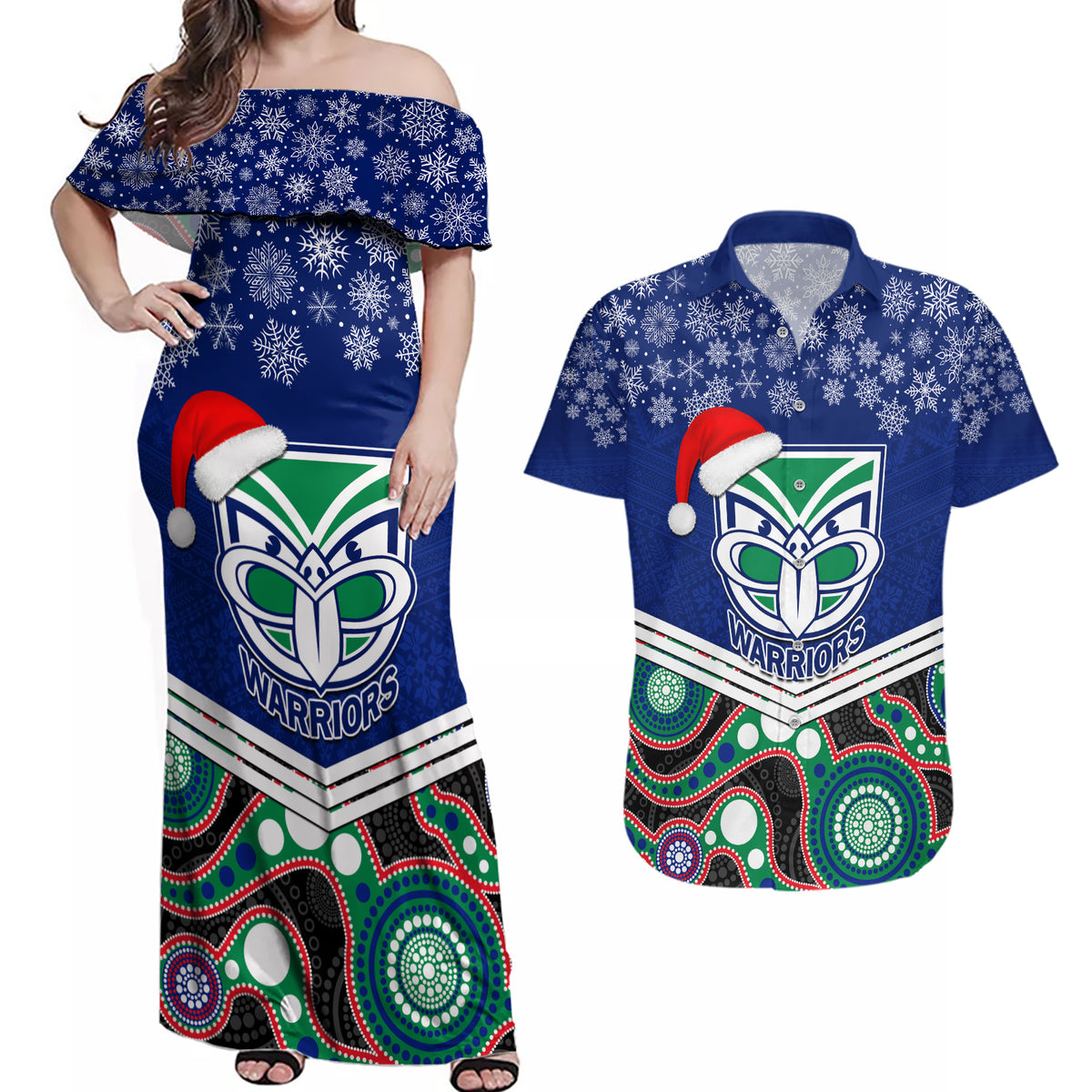 custom-warriors-rugby-christmas-couples-matching-off-shoulder-maxi-dress-and-hawaiian-shirt-merry-xmas-2023-mix-aboriginal-art