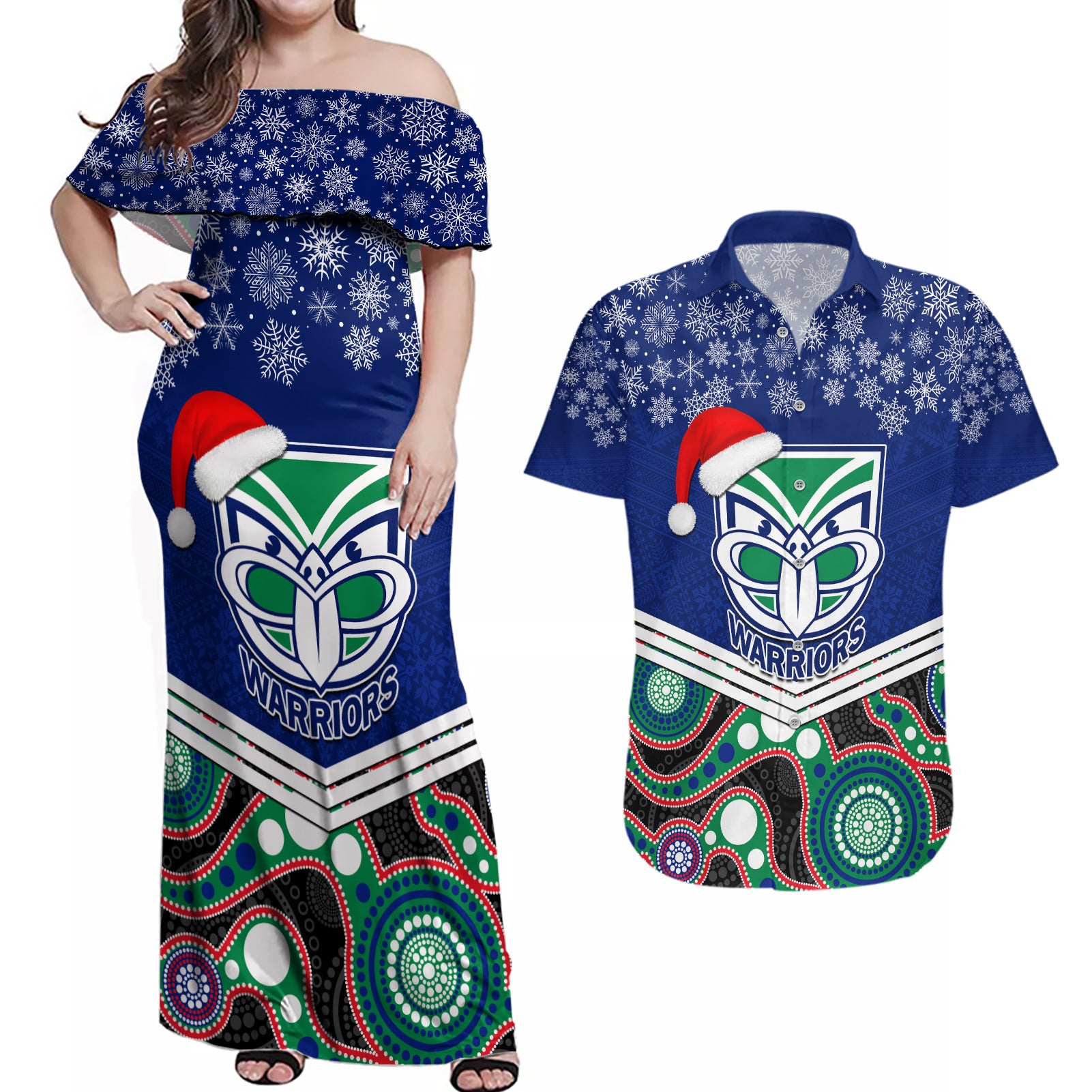 custom-warriors-rugby-christmas-couples-matching-off-shoulder-maxi-dress-and-hawaiian-shirt-merry-xmas-2023-mix-aboriginal-art