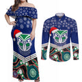 custom-warriors-rugby-christmas-couples-matching-off-shoulder-maxi-dress-and-long-sleeve-button-shirt-merry-xmas-2023-mix-aboriginal-art