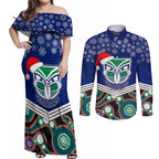 custom-warriors-rugby-christmas-couples-matching-off-shoulder-maxi-dress-and-long-sleeve-button-shirt-merry-xmas-2023-mix-aboriginal-art