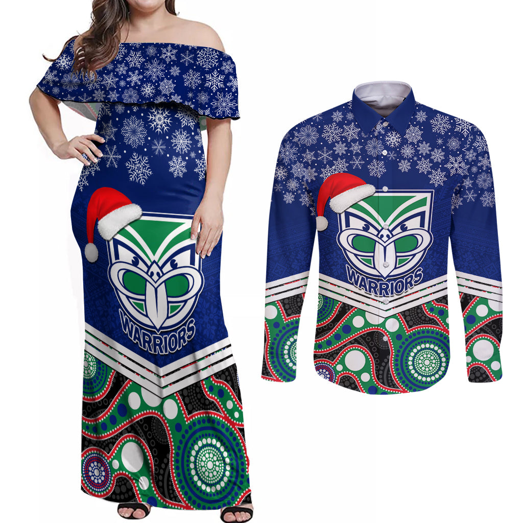 custom-warriors-rugby-christmas-couples-matching-off-shoulder-maxi-dress-and-long-sleeve-button-shirt-merry-xmas-2023-mix-aboriginal-art