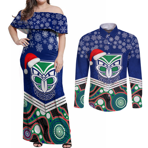 custom-warriors-rugby-christmas-couples-matching-off-shoulder-maxi-dress-and-long-sleeve-button-shirt-merry-xmas-2023-mix-aboriginal-art