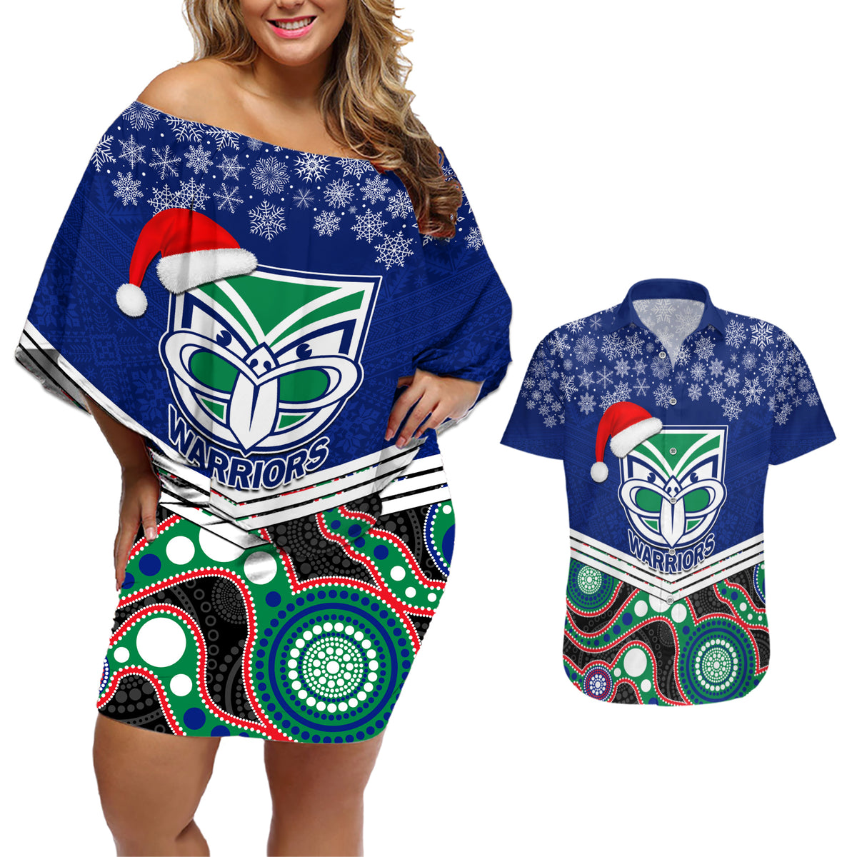 custom-warriors-rugby-christmas-couples-matching-off-shoulder-short-dress-and-hawaiian-shirt-merry-xmas-2023-mix-aboriginal-art