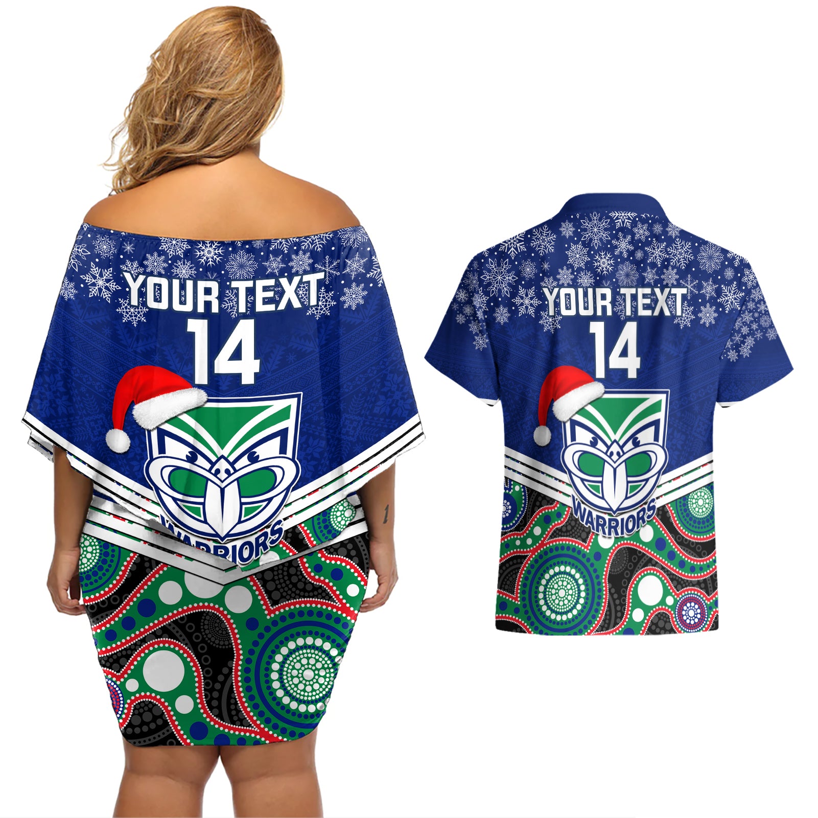 custom-warriors-rugby-christmas-couples-matching-off-shoulder-short-dress-and-hawaiian-shirt-merry-xmas-2023-mix-aboriginal-art