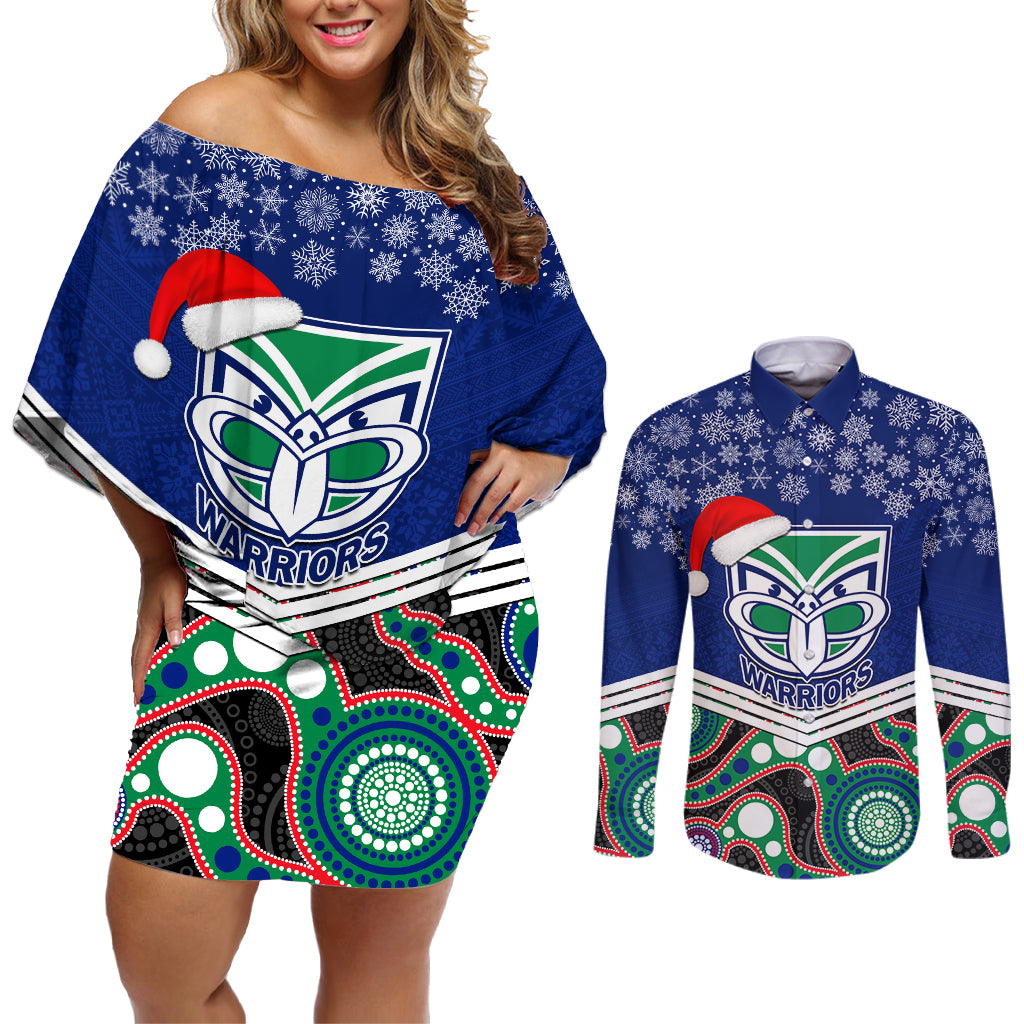 custom-warriors-rugby-christmas-couples-matching-off-shoulder-short-dress-and-long-sleeve-button-shirt-merry-xmas-2023-mix-aboriginal-art