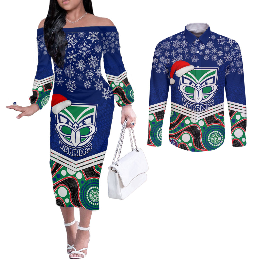 custom-warriors-rugby-christmas-couples-matching-off-the-shoulder-long-sleeve-dress-and-long-sleeve-button-shirt-merry-xmas-2023-mix-aboriginal-art