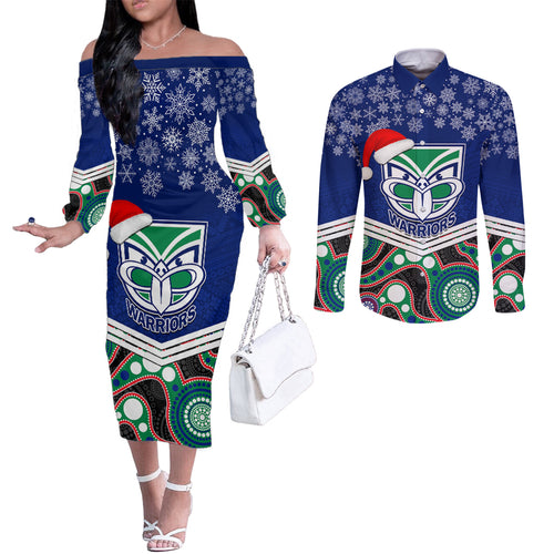 custom-warriors-rugby-christmas-couples-matching-off-the-shoulder-long-sleeve-dress-and-long-sleeve-button-shirt-merry-xmas-2023-mix-aboriginal-art