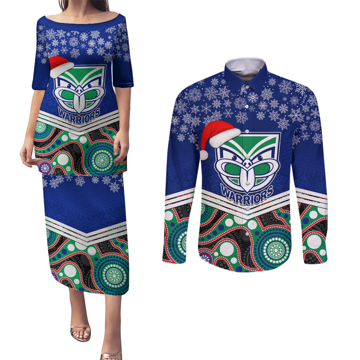 custom-warriors-rugby-christmas-couples-matching-puletasi-dress-and-long-sleeve-button-shirt-merry-xmas-2023-mix-aboriginal-art