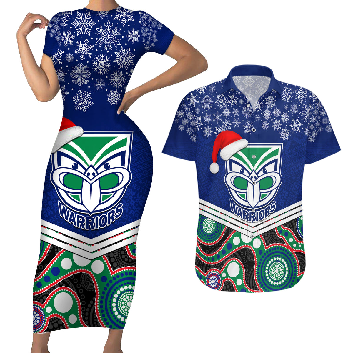 custom-warriors-rugby-christmas-couples-matching-short-sleeve-bodycon-dress-and-hawaiian-shirt-merry-xmas-2023-mix-aboriginal-art