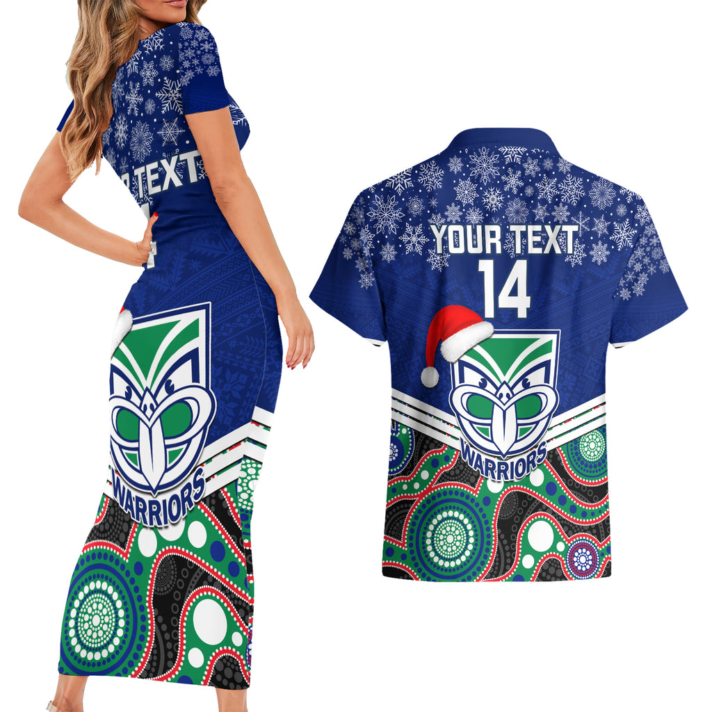 custom-warriors-rugby-christmas-couples-matching-short-sleeve-bodycon-dress-and-hawaiian-shirt-merry-xmas-2023-mix-aboriginal-art