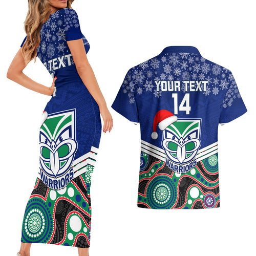 custom-warriors-rugby-christmas-couples-matching-short-sleeve-bodycon-dress-and-hawaiian-shirt-merry-xmas-2023-mix-aboriginal-art