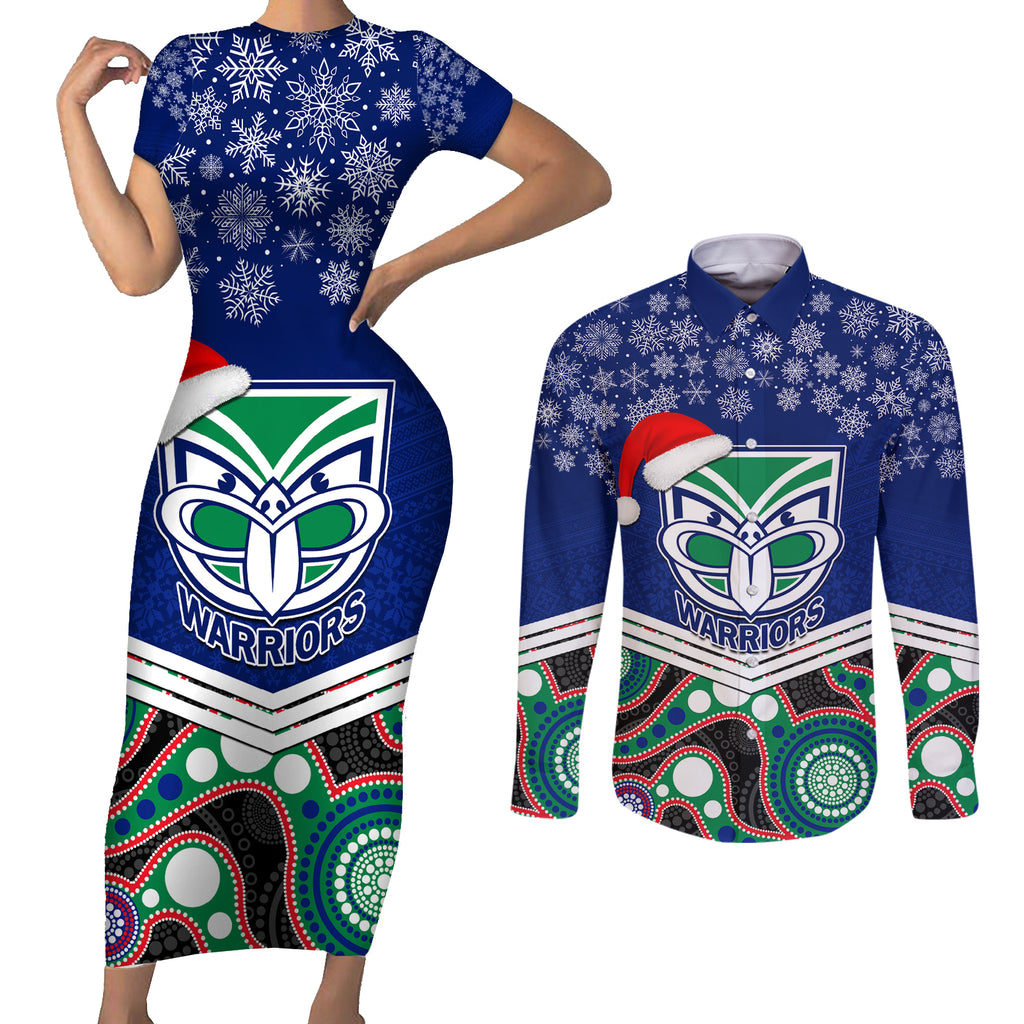 custom-warriors-rugby-christmas-couples-matching-short-sleeve-bodycon-dress-and-long-sleeve-button-shirt-merry-xmas-2023-mix-aboriginal-art
