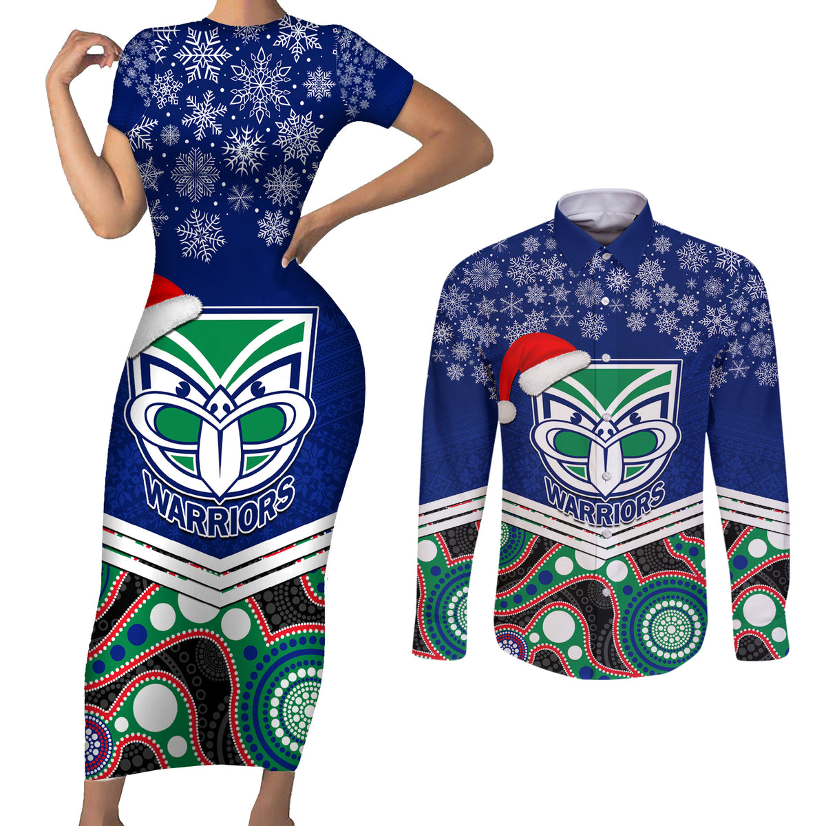 custom-warriors-rugby-christmas-couples-matching-short-sleeve-bodycon-dress-and-long-sleeve-button-shirt-merry-xmas-2023-mix-aboriginal-art