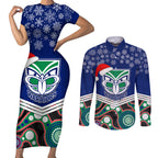 custom-warriors-rugby-christmas-couples-matching-short-sleeve-bodycon-dress-and-long-sleeve-button-shirt-merry-xmas-2023-mix-aboriginal-art