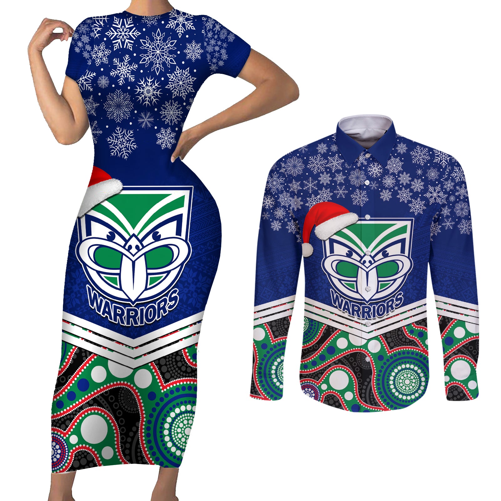 custom-warriors-rugby-christmas-couples-matching-short-sleeve-bodycon-dress-and-long-sleeve-button-shirt-merry-xmas-2023-mix-aboriginal-art