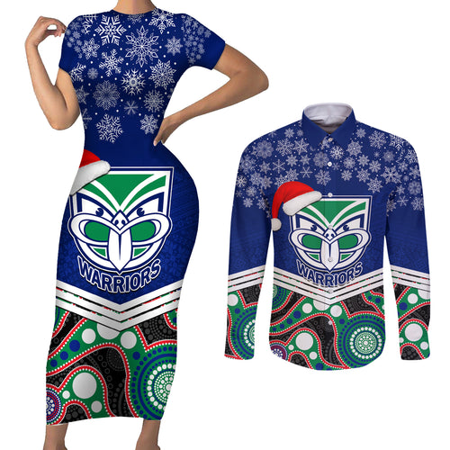 custom-warriors-rugby-christmas-couples-matching-short-sleeve-bodycon-dress-and-long-sleeve-button-shirt-merry-xmas-2023-mix-aboriginal-art