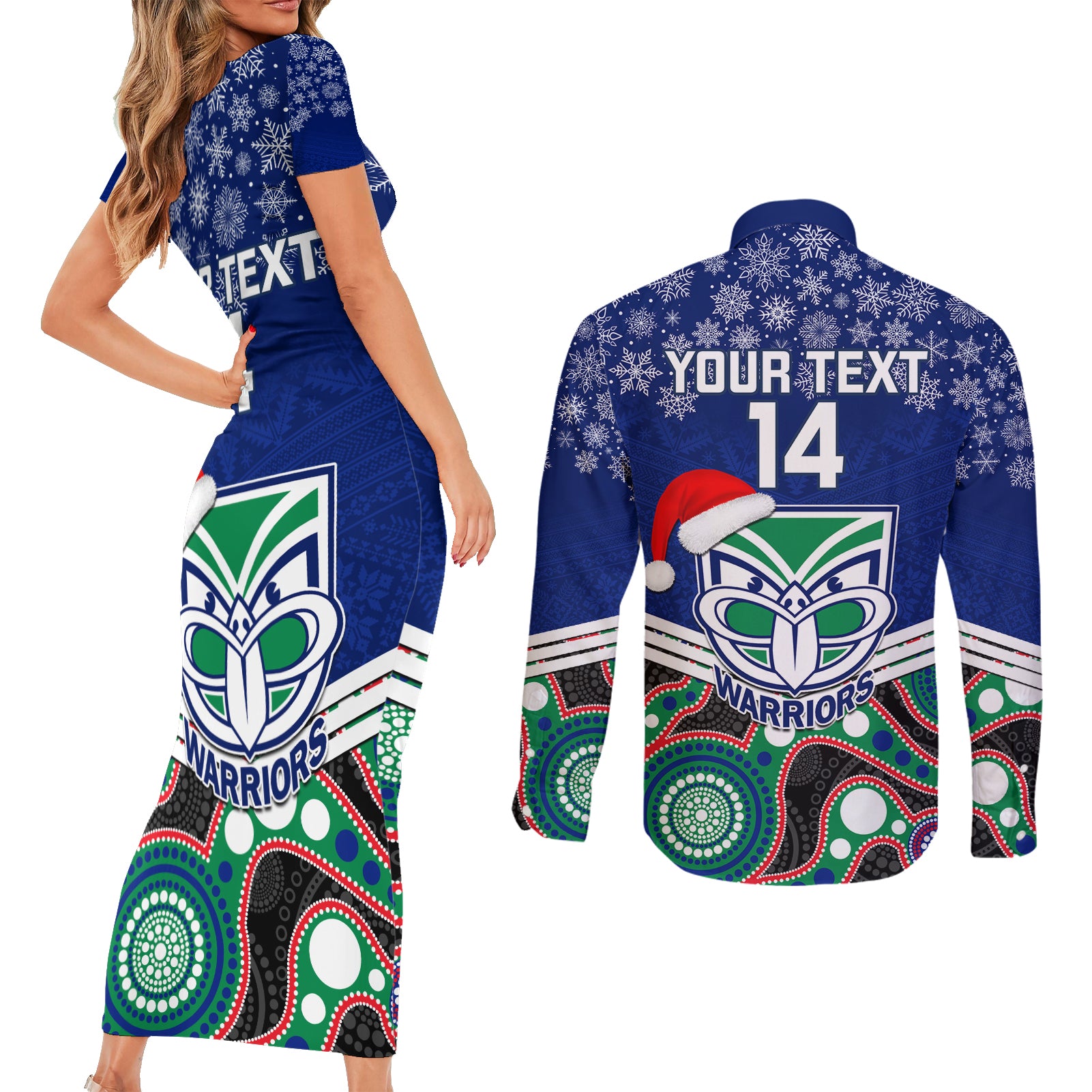 custom-warriors-rugby-christmas-couples-matching-short-sleeve-bodycon-dress-and-long-sleeve-button-shirt-merry-xmas-2023-mix-aboriginal-art